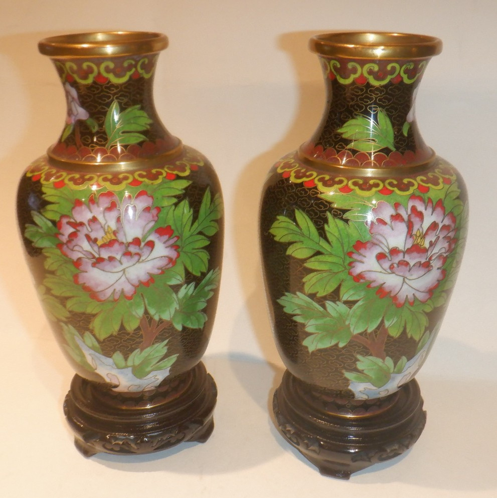 Pair of Vintage Cloisonne' Brass & Enamel Chinese Floral Vases w/Wood Stands