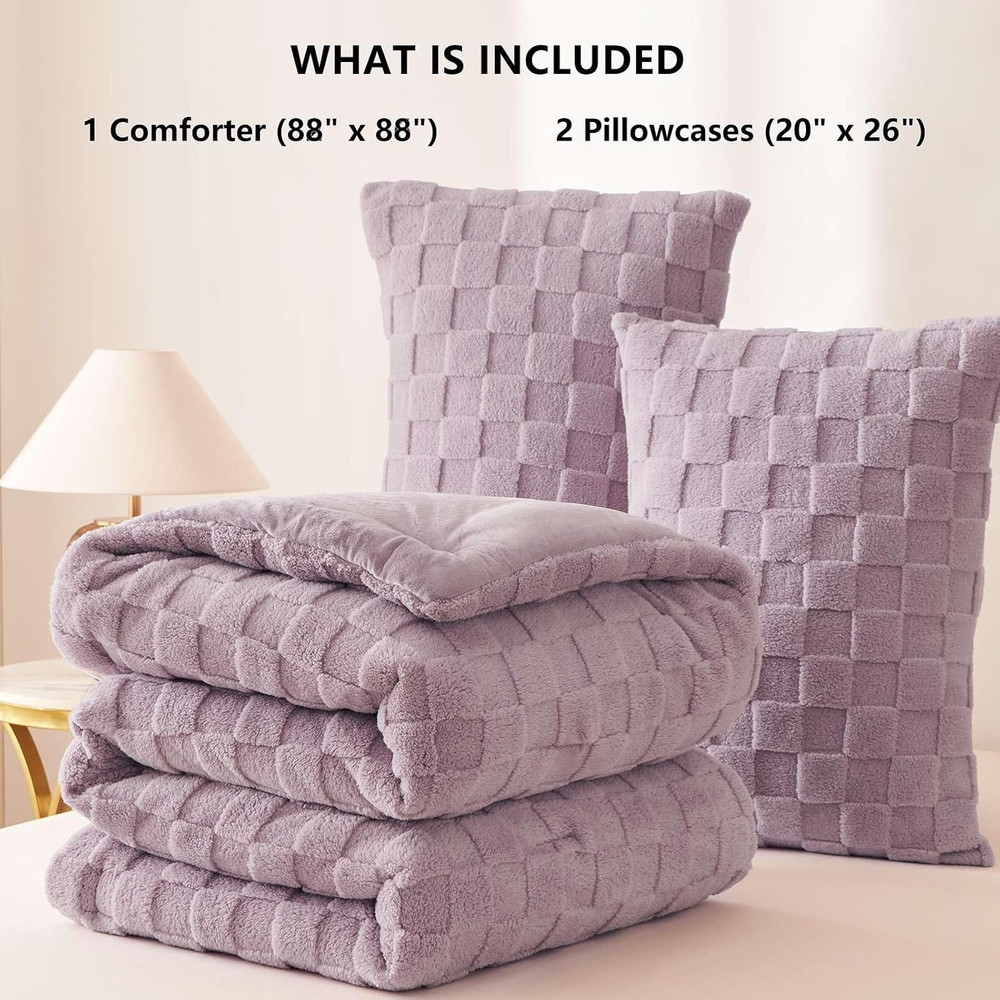 Fleece Queen Comforter Set Light Purple,Super Soft & Warm Fluffy Bedding with Ch