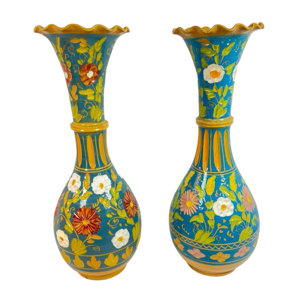 Vintage Persian Hand Painted Pottery Vases Signed Floral Large 18” Pair