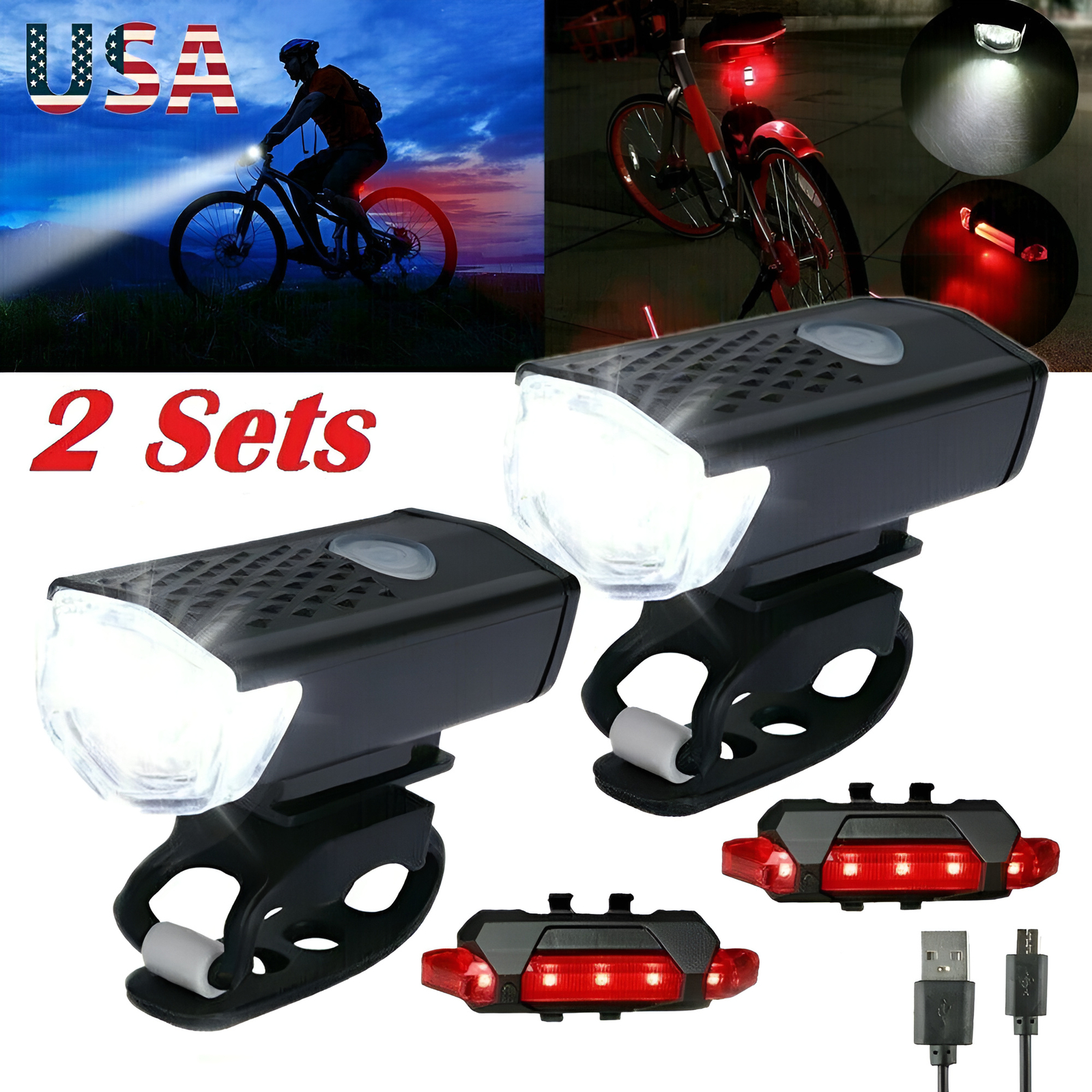 2 Sets USB Rechargeable LED Bicycle Headlight Bike Front Rear Lamp Cycling