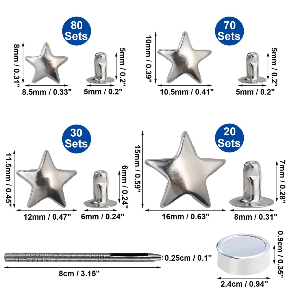 200 Sets Leather Rivets Kit Mixed Sizes Rivets for Leather Star Studs for Clo...