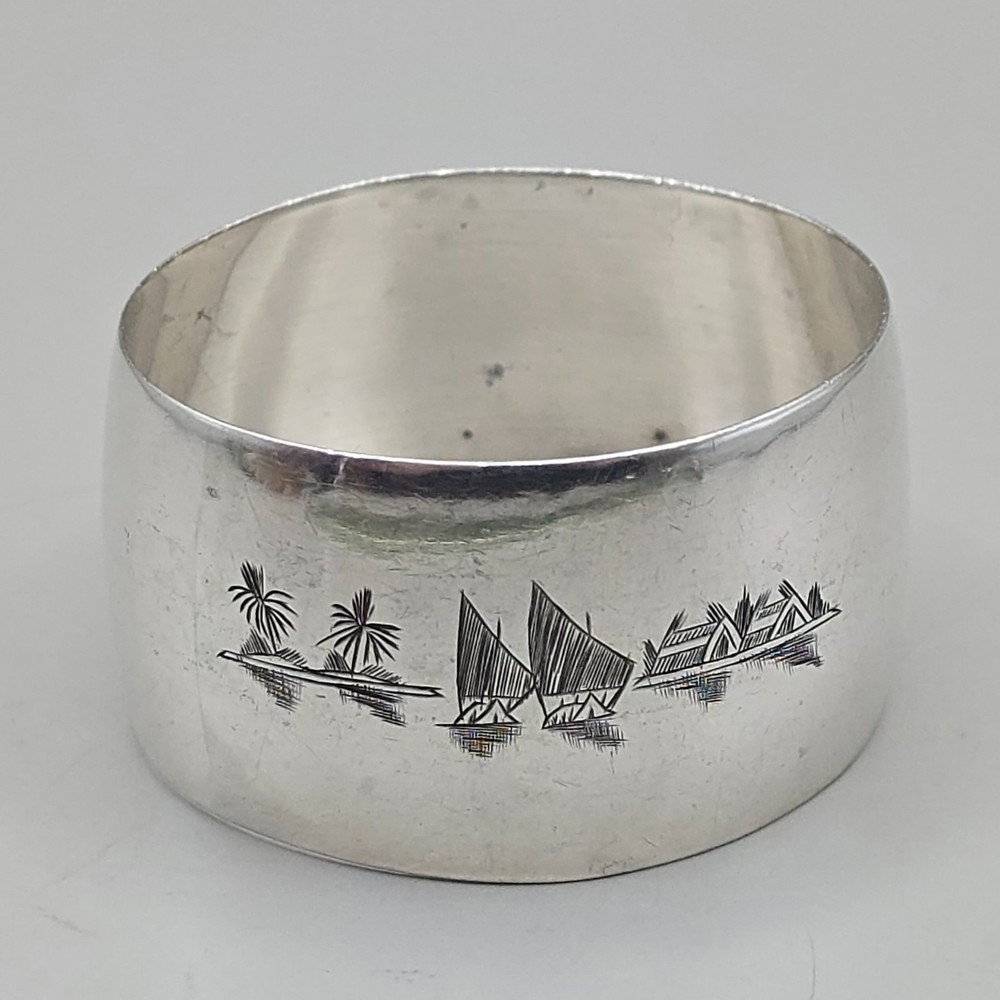 Antique Solid Silver Napkin Ring Engraved Landscape Scene