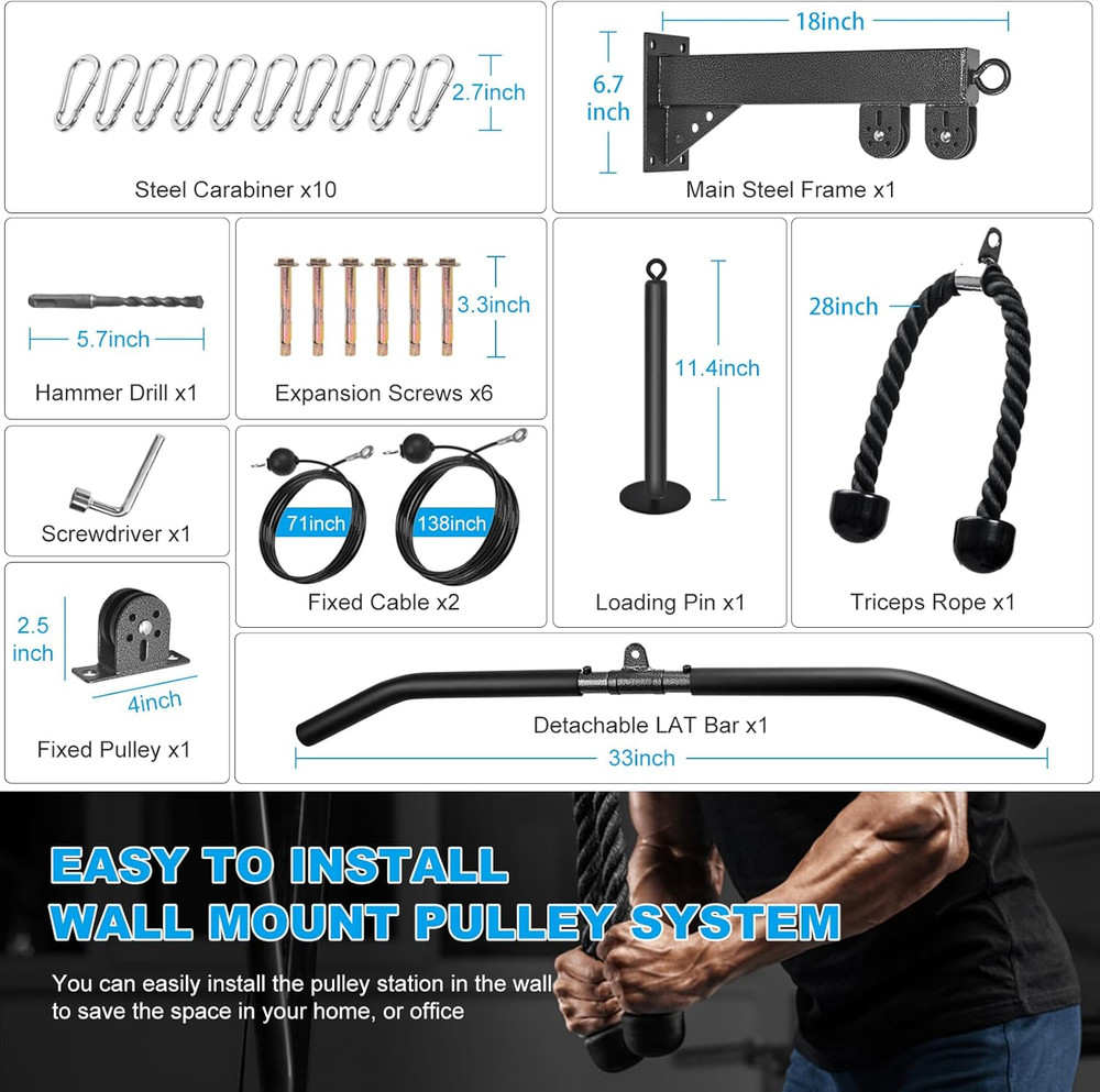 Wall Mounted Pulley System, Low Cable Machine Pulley System for LAT Pulldown, Bi