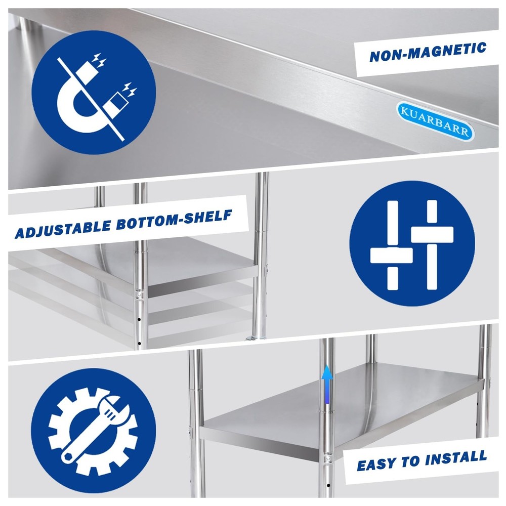 Stainless Steel Table for Prep & Work with 4 Caster Wheels with Adjustable Un...