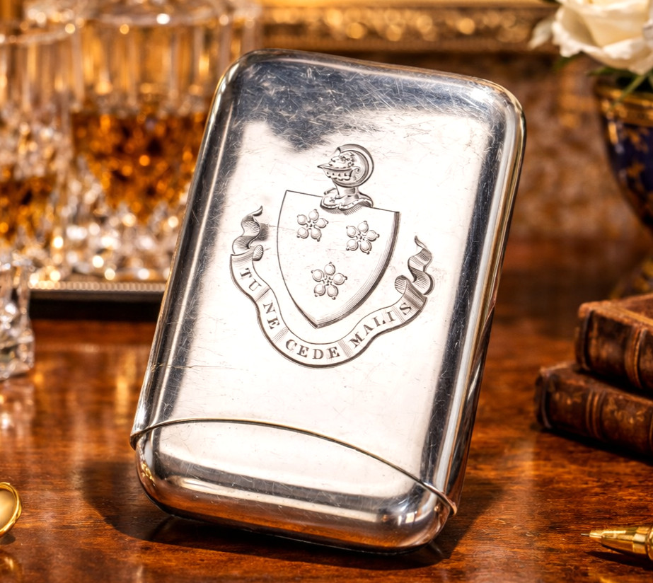 Stunning Antique Victorian Sterling Silver Cigarette Case Armorial Herladic