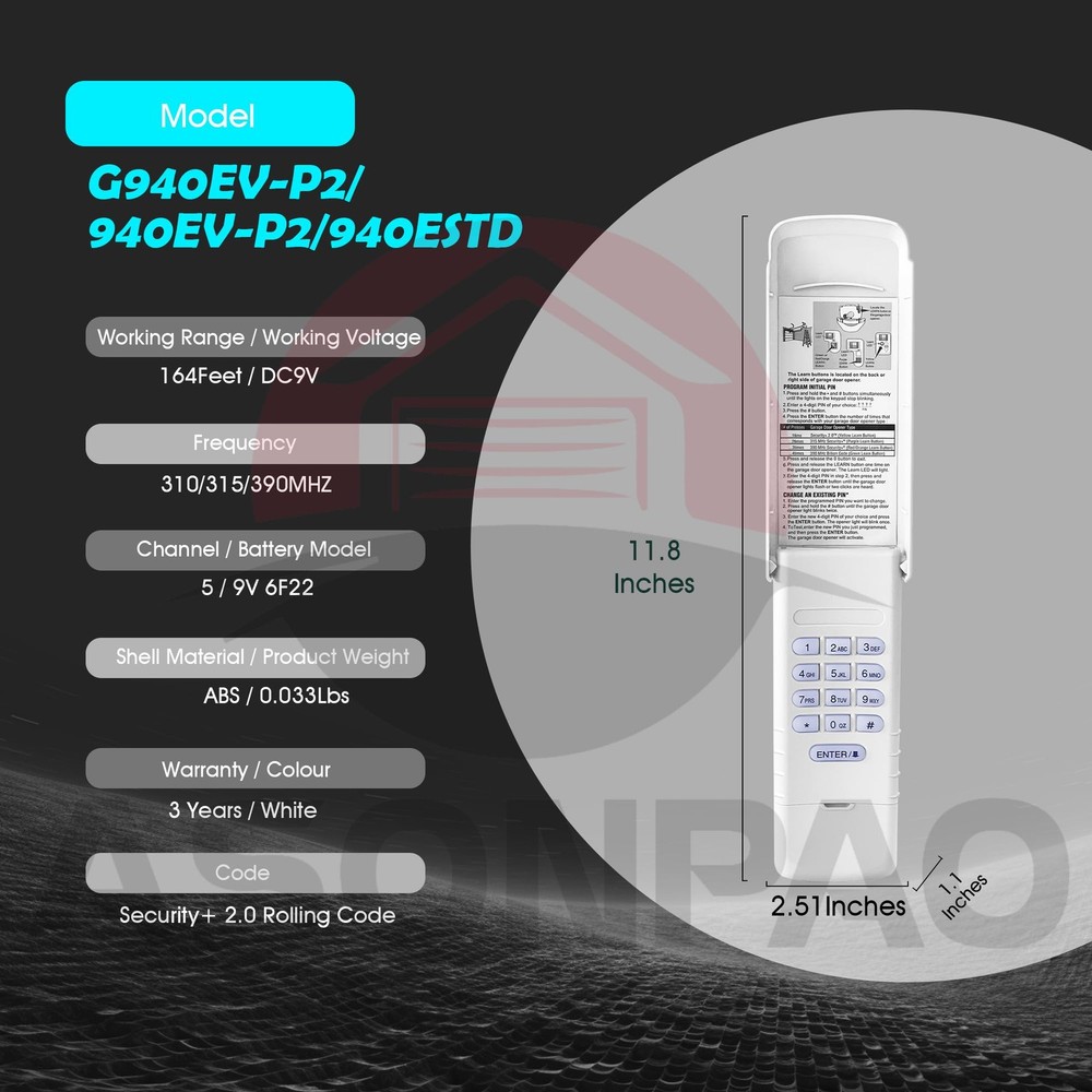 G940EV-P2 940EV-P2 940EV Universal Wireless Keypad Keyless Entry for Chamberlain