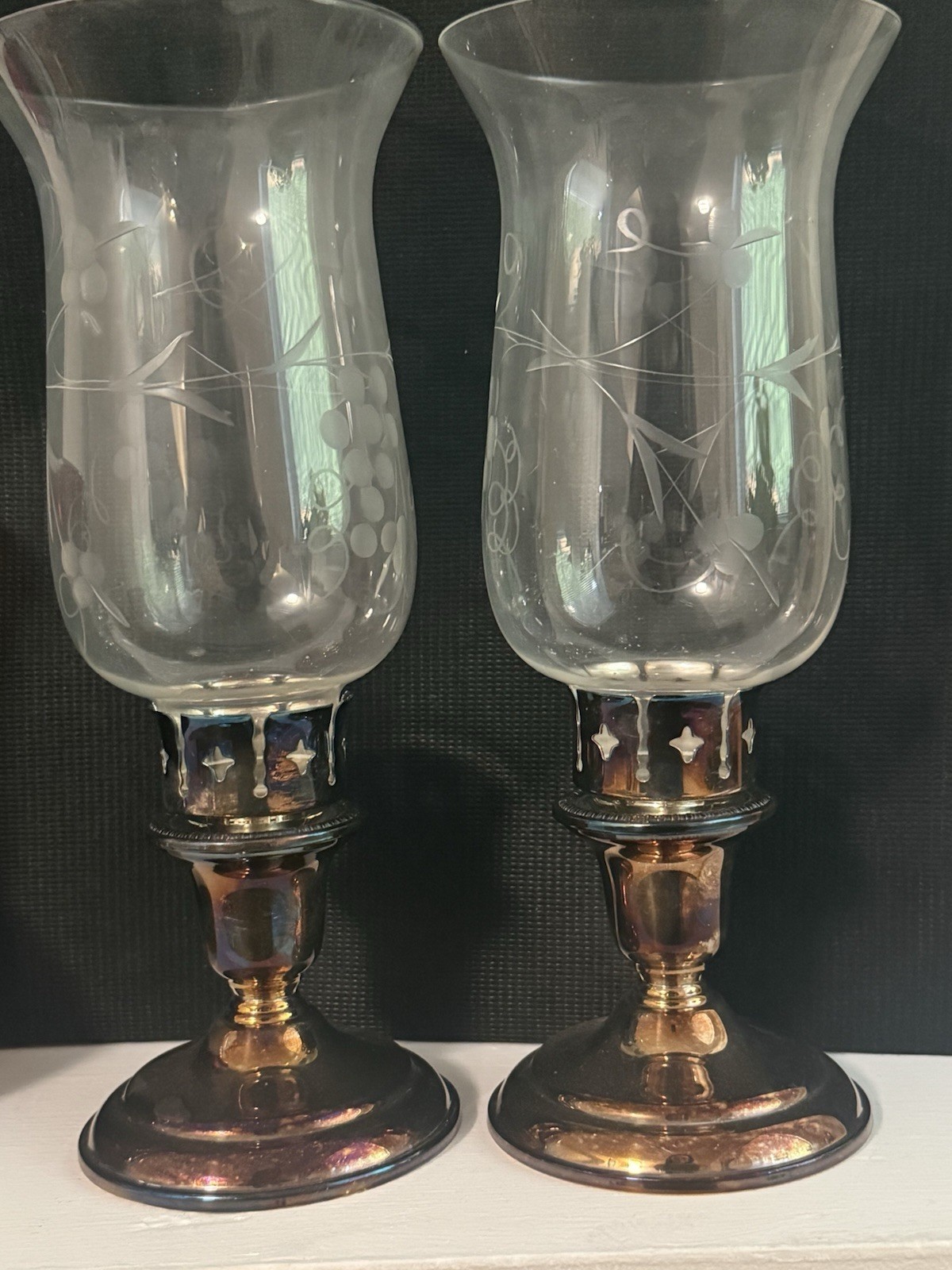 Fisher Silversmith Sterling Silver Candle Holders Hurricane Lamps W/ Grapes Set