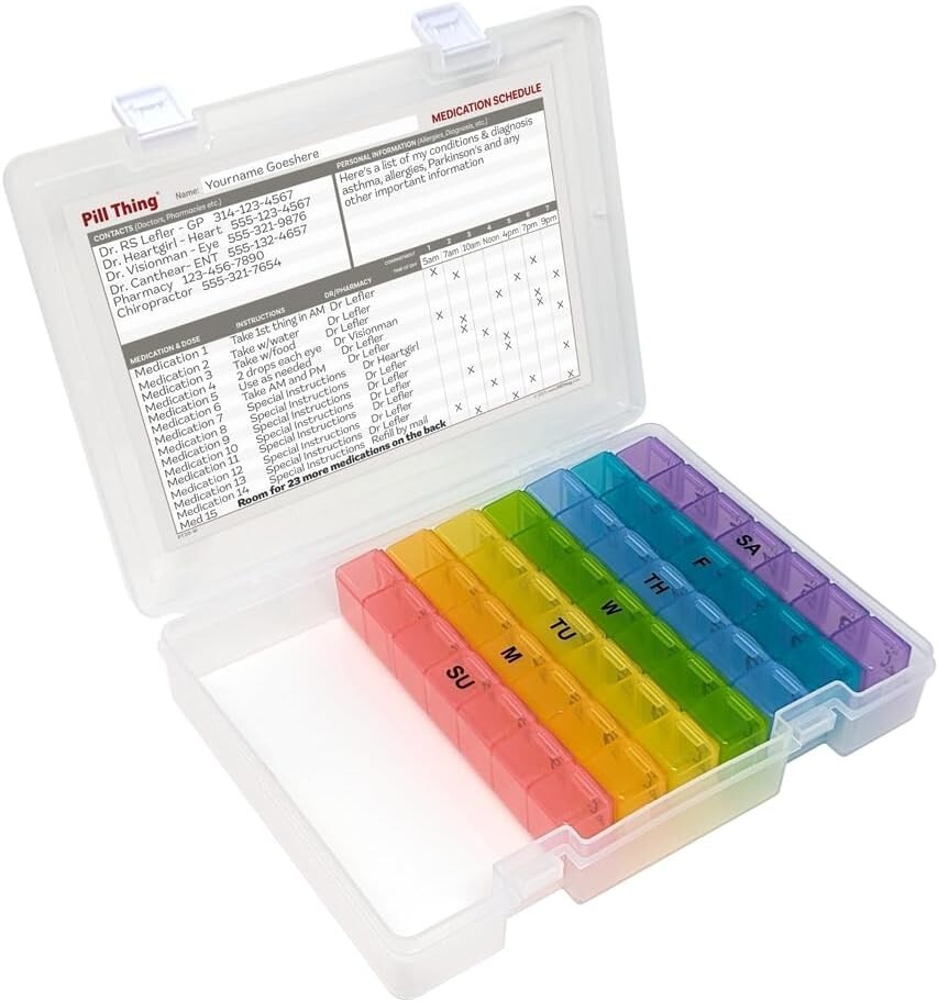 7 Times a Day Weekly Pill Box Organizer Case, Secure 7X Pillbox w/Medication Map