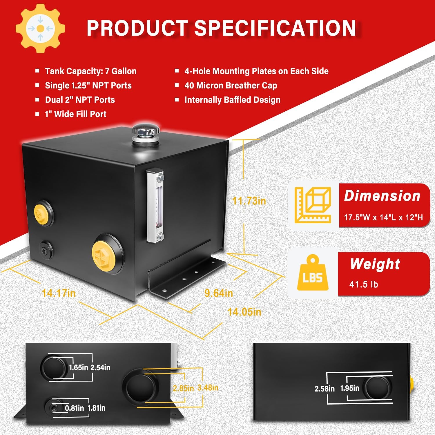 7 Gallon Hydraulic Fluid Reservoir Tank with Temp Gauge Sight-Gauge and Breather