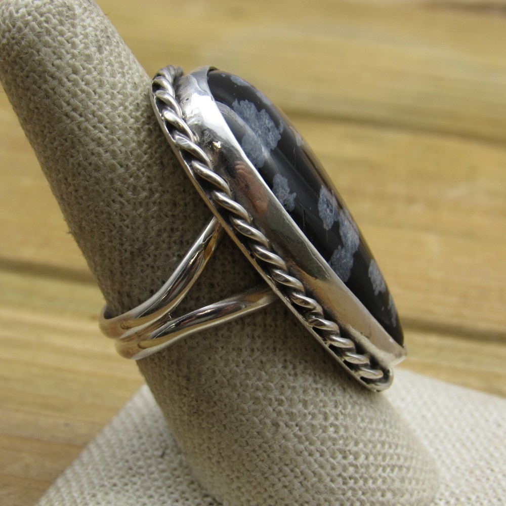 Sterling Silver Snowflake Obsidian Statement Ring Size 8.5 by Jose Campos