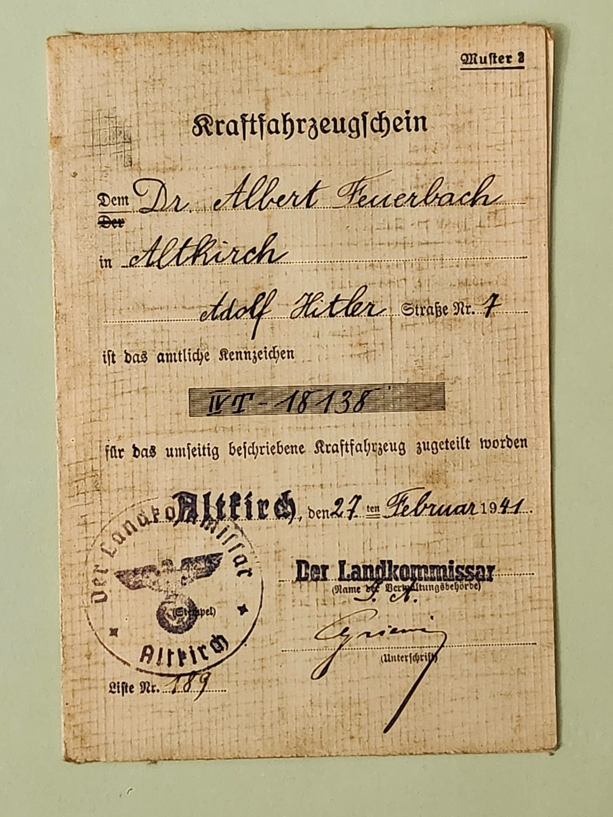 WW2 Germany. Kraftfahrzeugschein 1941