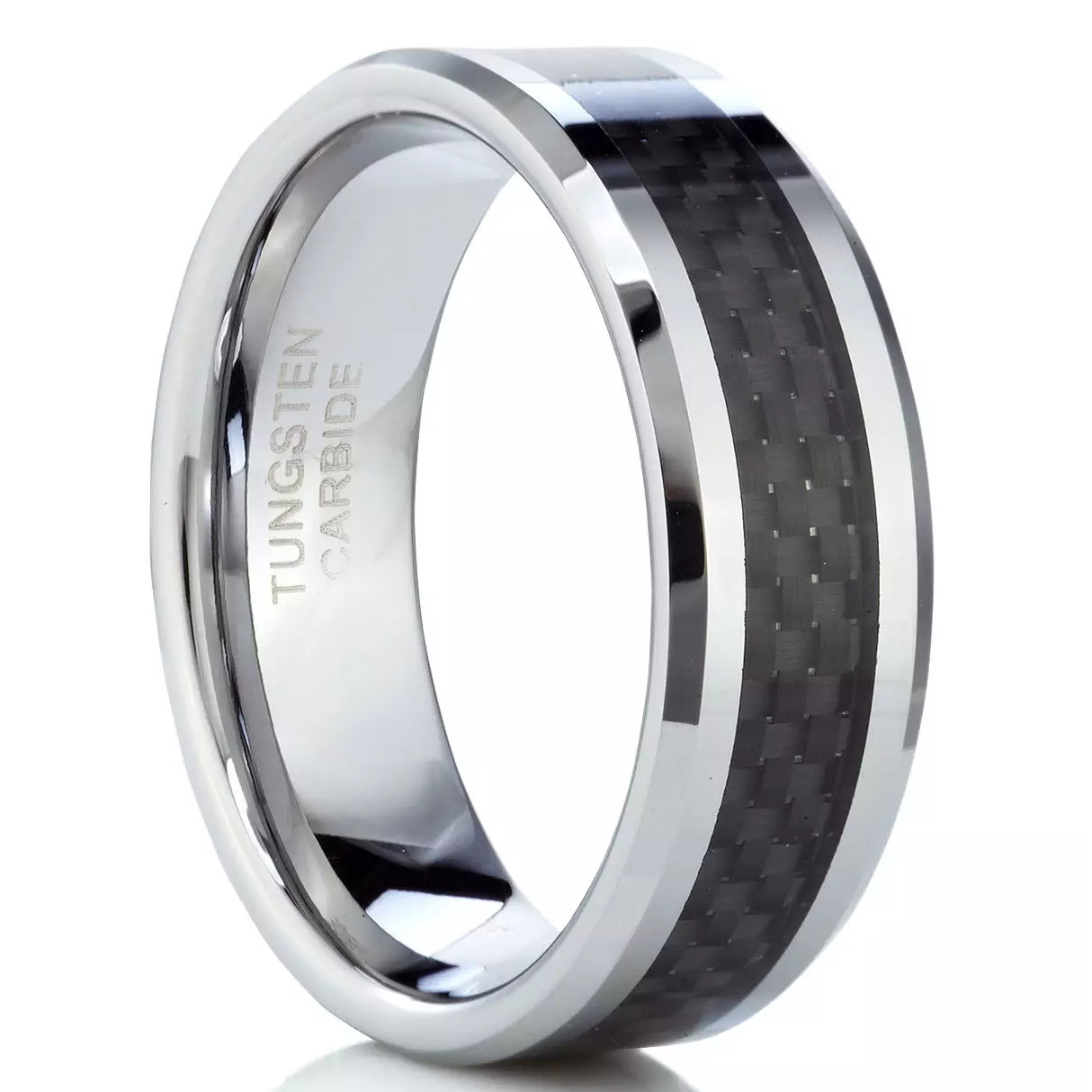 Tungsten Carbide Wedding Band Men's Engagement Ring Black Carbon Fiber Silver
