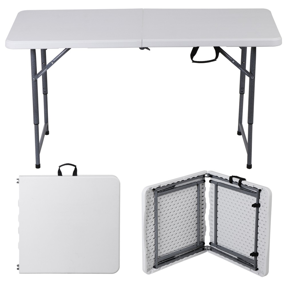 Folding Table 4 FT Portable Fold-in-Half Adjustable Plastic Camping Table White