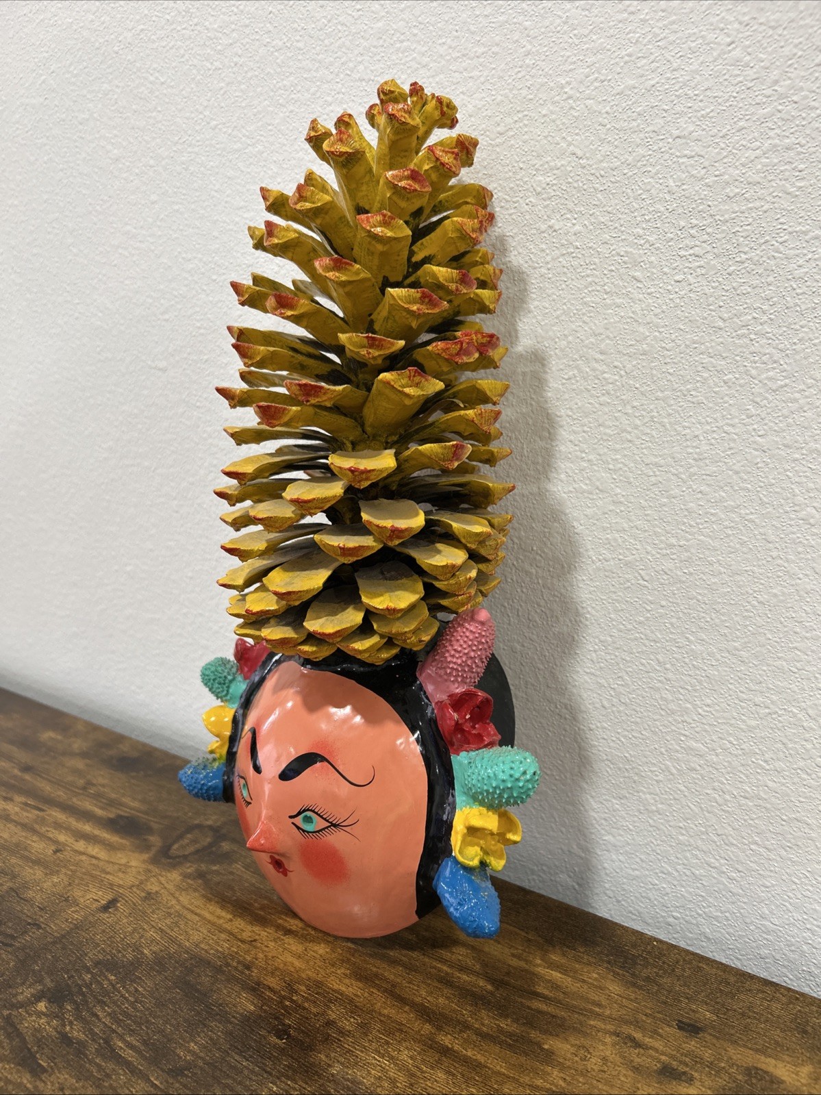 Rare Vintage Mexican Folk Art Coconut Mask With Cactus Seedpod Braids & Pinecone