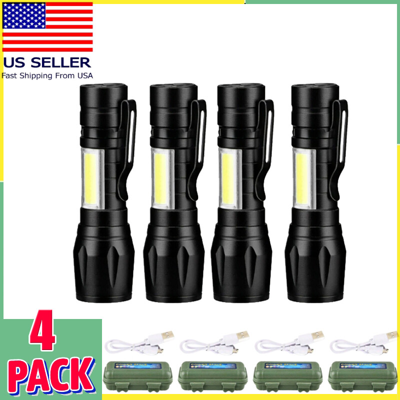 4pcs LED Tactical Flashlight USB Rechargeable Lamp Super Bright 3 Modes Light