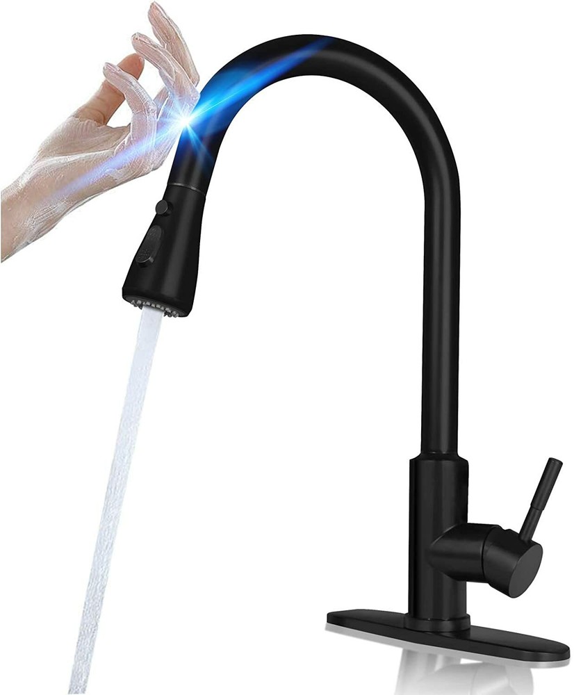Matte Black Sensor Touch Kitchen Sink Faucet Pull Down Sprayer Swivel with Cover