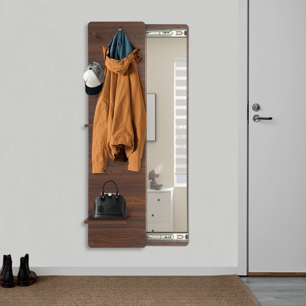 Hide Wall-mounted Full-length Dressing Mirror With Shelves Hooks And Slide Rail