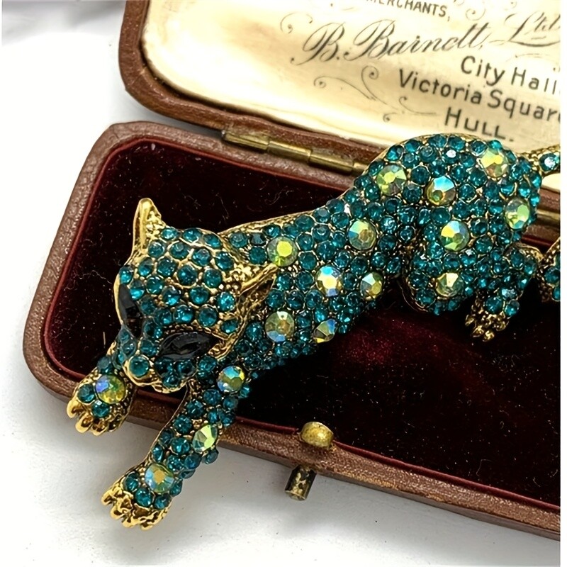 Vintage Leopard Brooch Pin - Animal Green & Golden Pins Jewelry