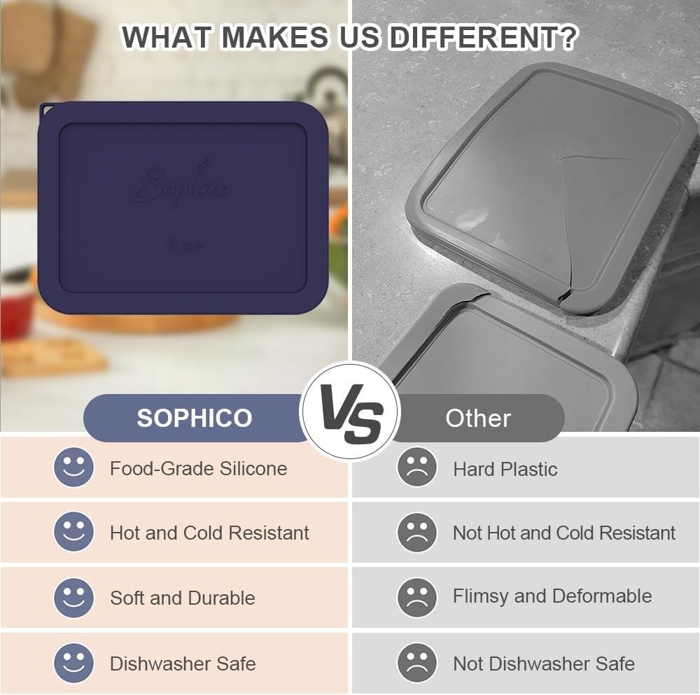 Sophico 6 Cup Rectangle Silicone Storage Cover Lids Replacement for Pyrex 721...