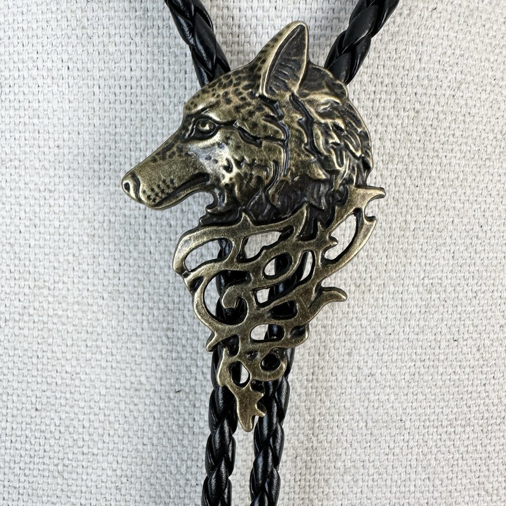 Western Wolf Gold Tone Bolo Tie
