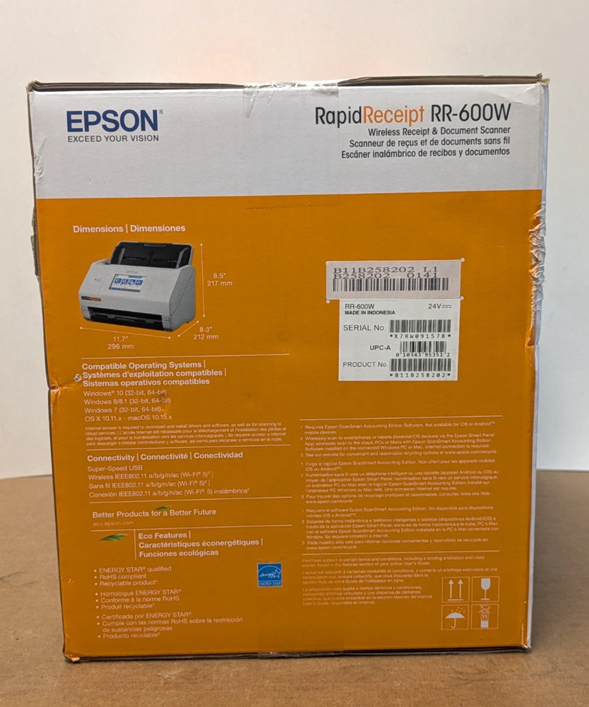 Epson RapidReceipt RR-600W Wireless Desktop Receipt & Document Scanner - NEW!