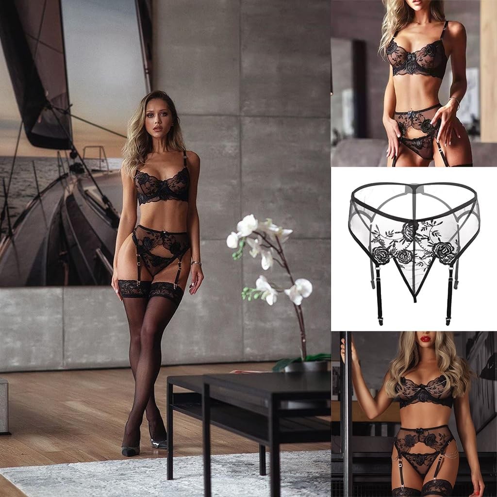 Lace Garter Belt Thong Set for Women Suspender Lingerie with 4 Metal Clips Holde