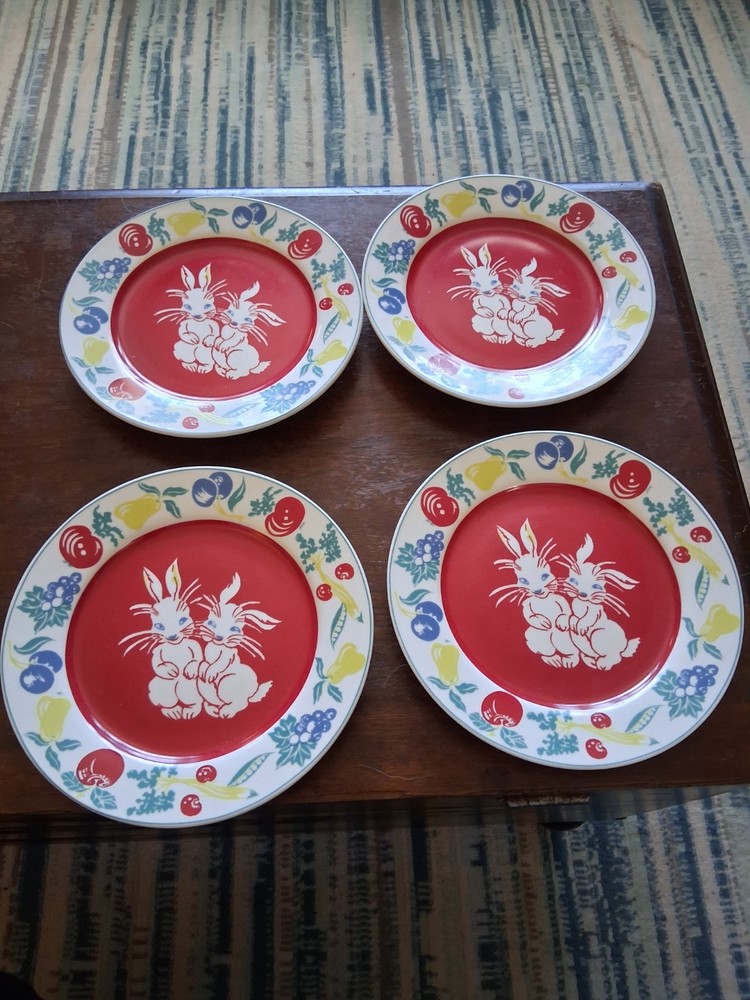 Mid Century Ceramic Dinnerware Red, Boy, Girl, Rabbits
