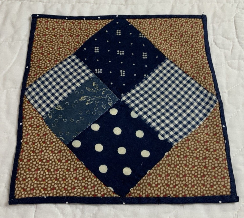 Antique Patchwork Quilt Table Topper, Four Patch, Early Calicos, Brown, Navy