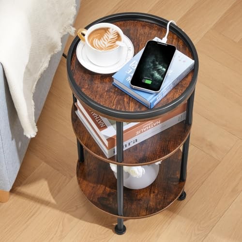 Small Round Side Table with Charging Station for Small Rustic Brown USB Charger