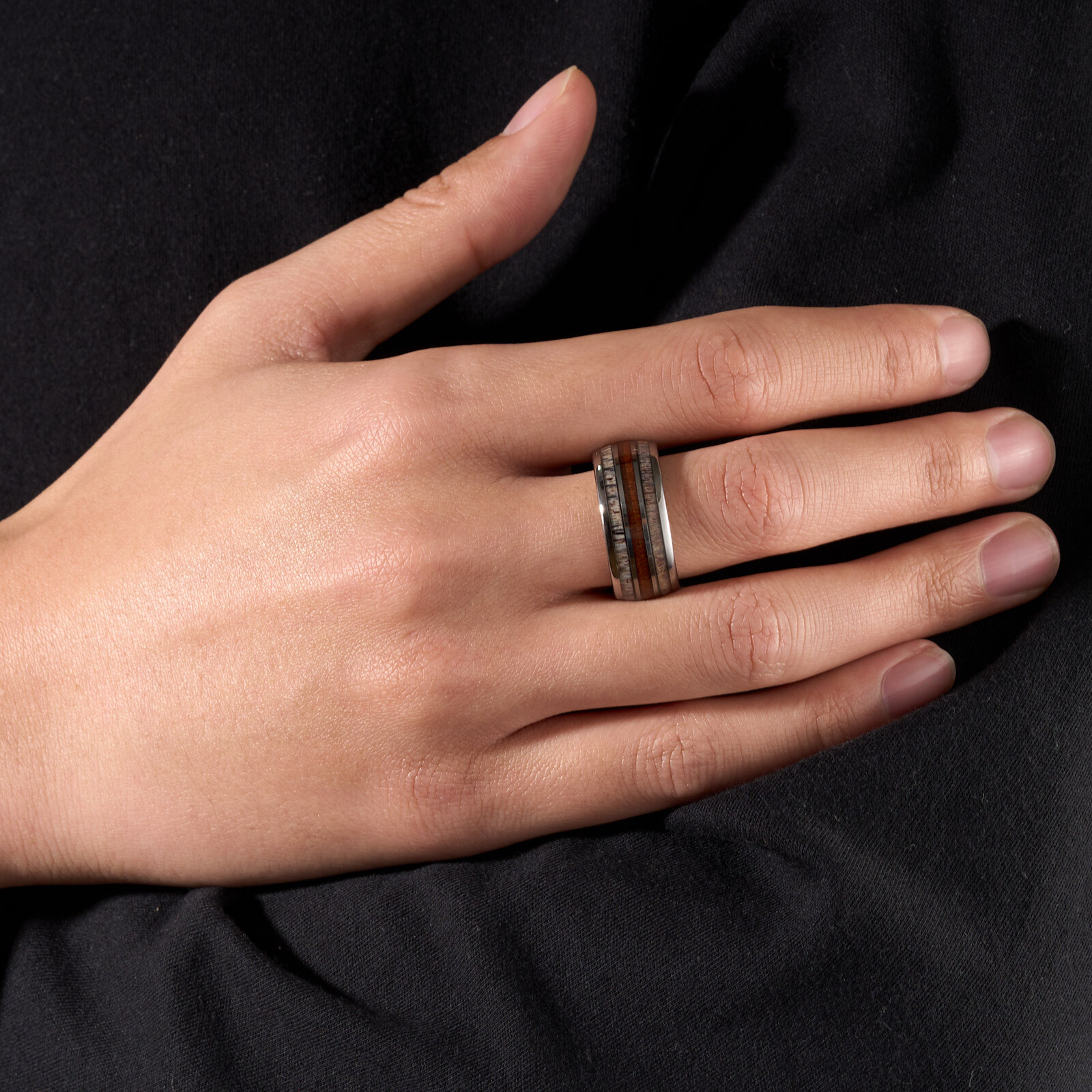 10mm Silver Tungsten Ring Men Wedding Band ATOP Jewelry & Deer Antler Koa Wood