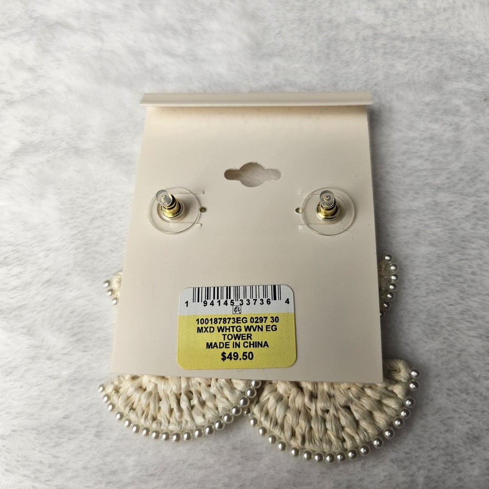 On 34th White Woven Statement Earrings Boho Raffia Beaded