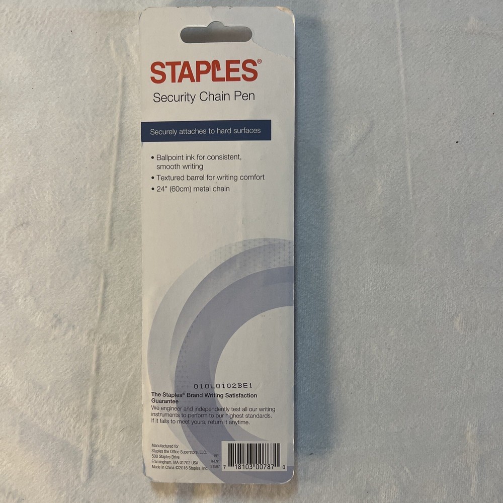 Staples Security Chain Pen Medium 1.0 mm Black Brand New