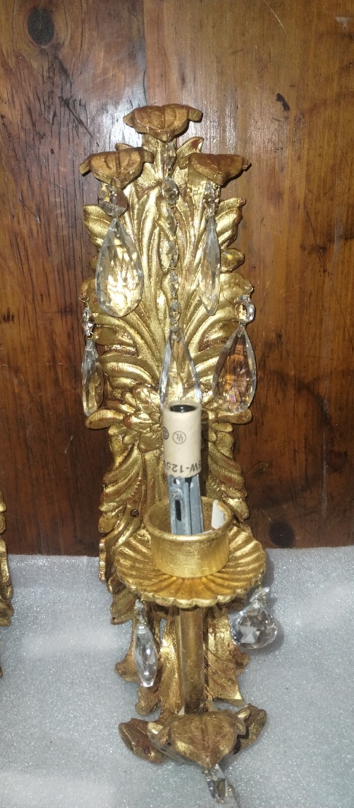 Hollywood Regency Gold Gilt Wall Sconces w/ Crystals – Ornate Electric Pair