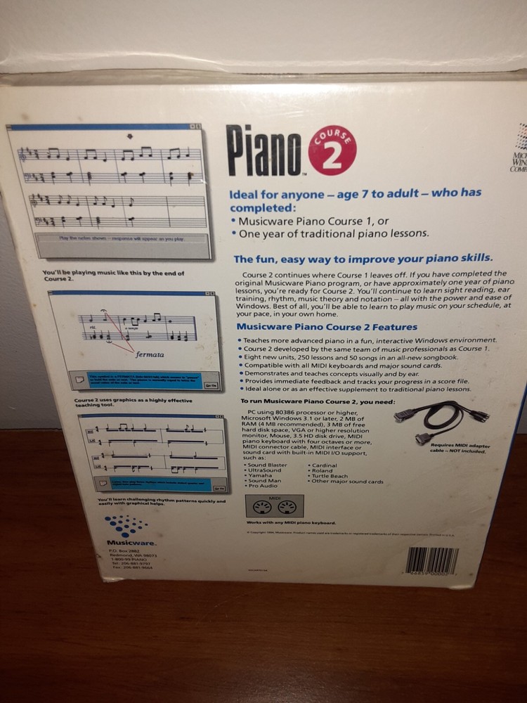 1994 Musicware PIANO COURSE 2 Microsoft Windows Compatible NEW Sealed