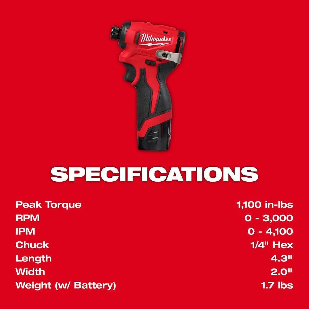 Milwaukee M12 Subcompact Brushless 1/4 Inch Hex Impact Driver Kit