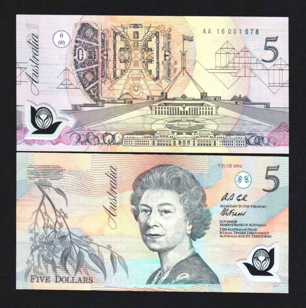 Australia 5 DOLLARS P-50 1992 *AA* Prefix GREEN Serial # Queen POLYMER UNC NOTE