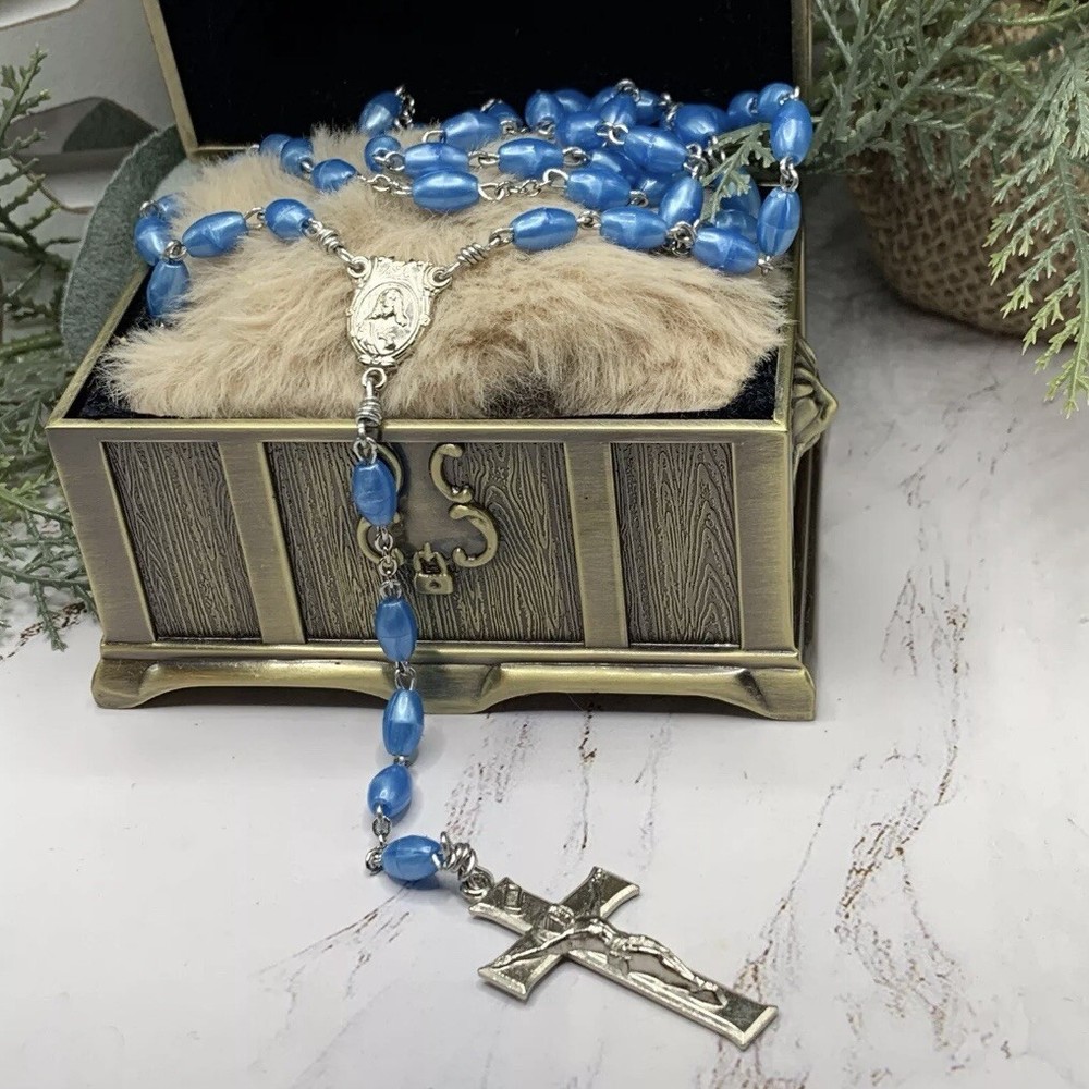 Pearly Blue Plastic Beaded Rosary 31” Catholic Christianity