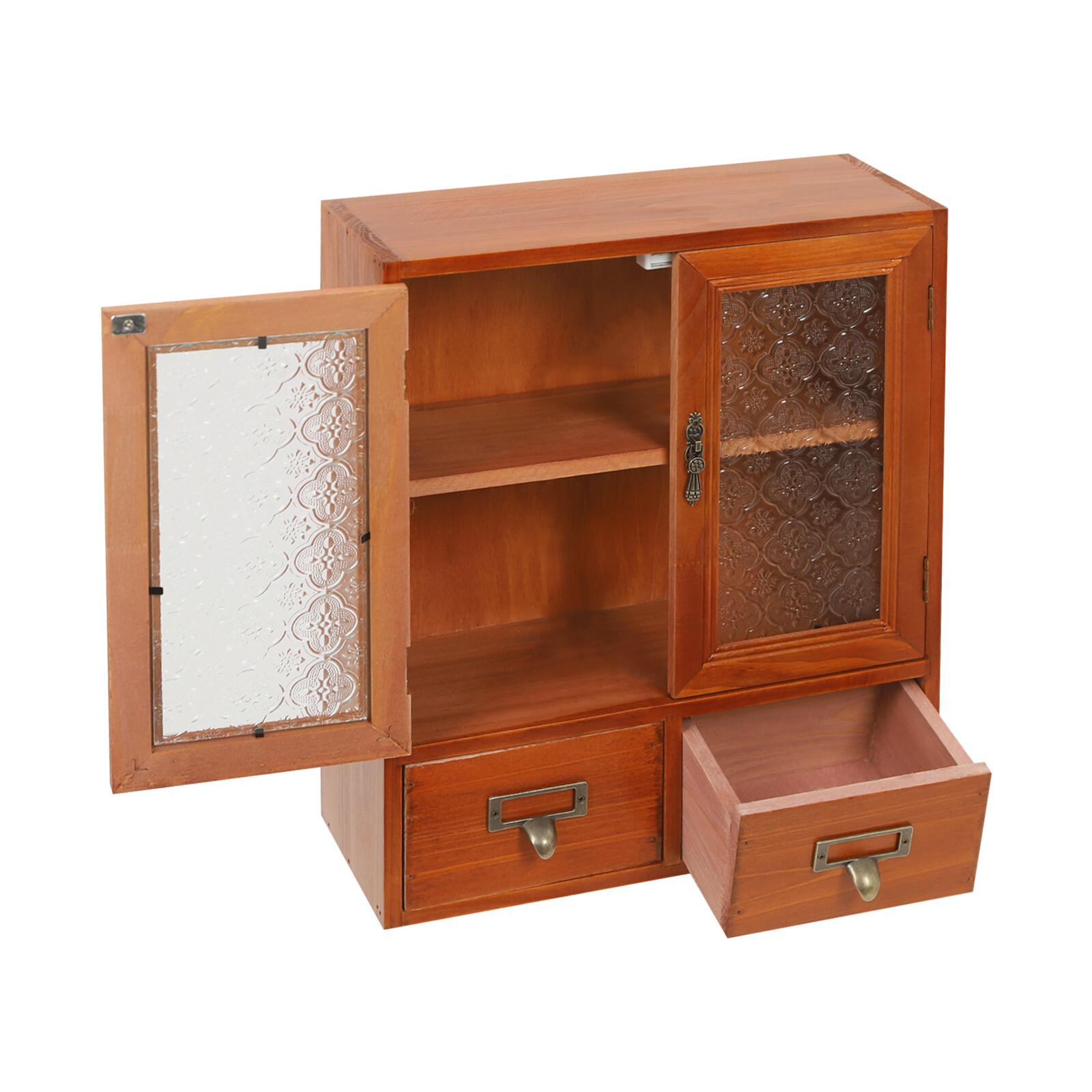 Wood Storage Cabinet, 2-tier Storage Cabinet with 2 drawers, Double Door Storage