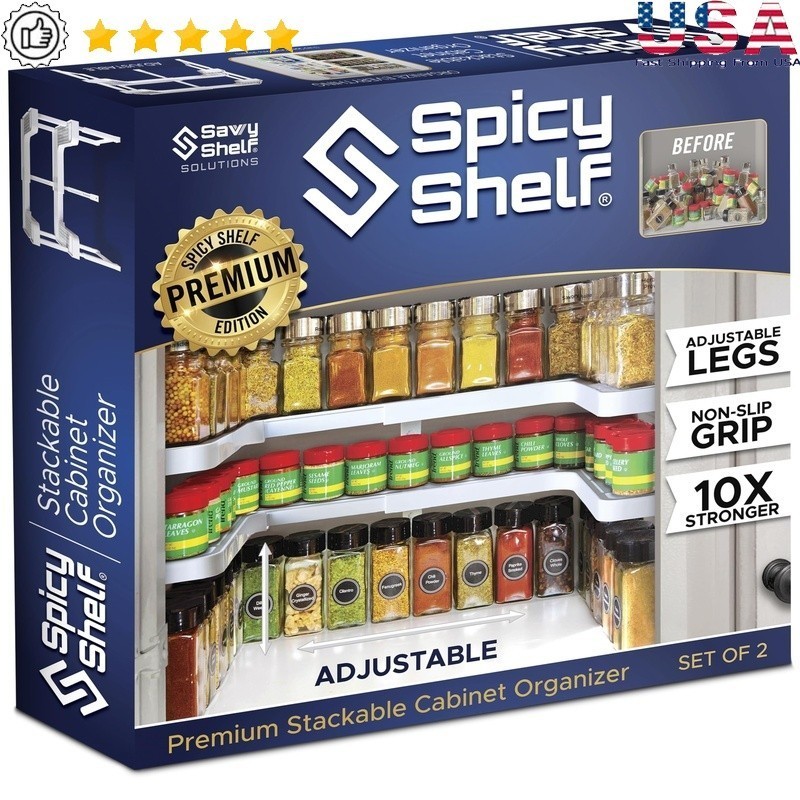 Stackable Shelf Organizer Adjustable 2 Tier Non Slip Spice Storage Holds 64 Jars