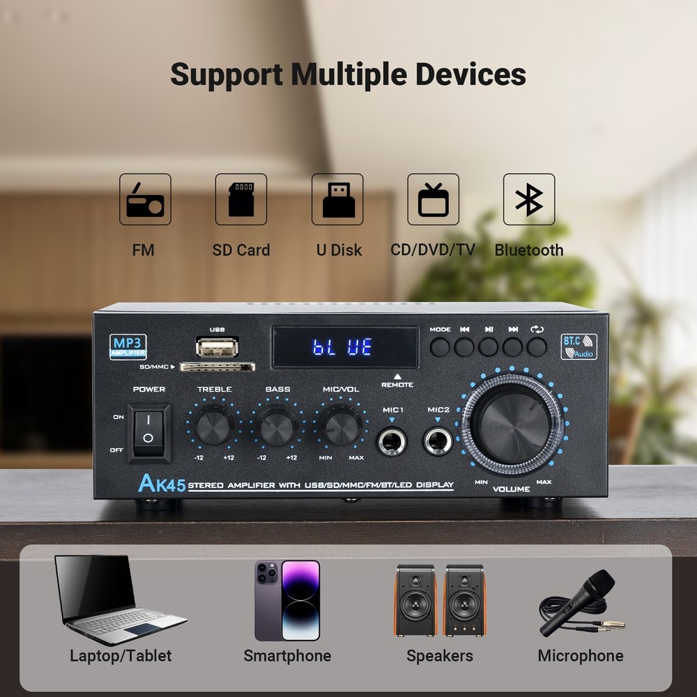 Stereo Amplifier Home Audio Bluetooth 5.0 Max 300Wx2 Power Stereo Receiver AK45