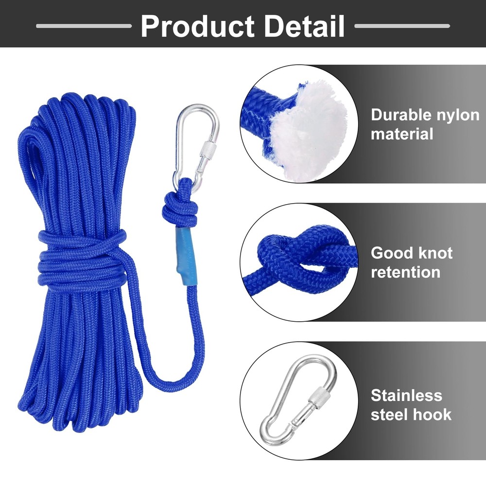 Nylon Anchor Rope with Hook 1/4"x49ft Braided Polypropylene Floating Line