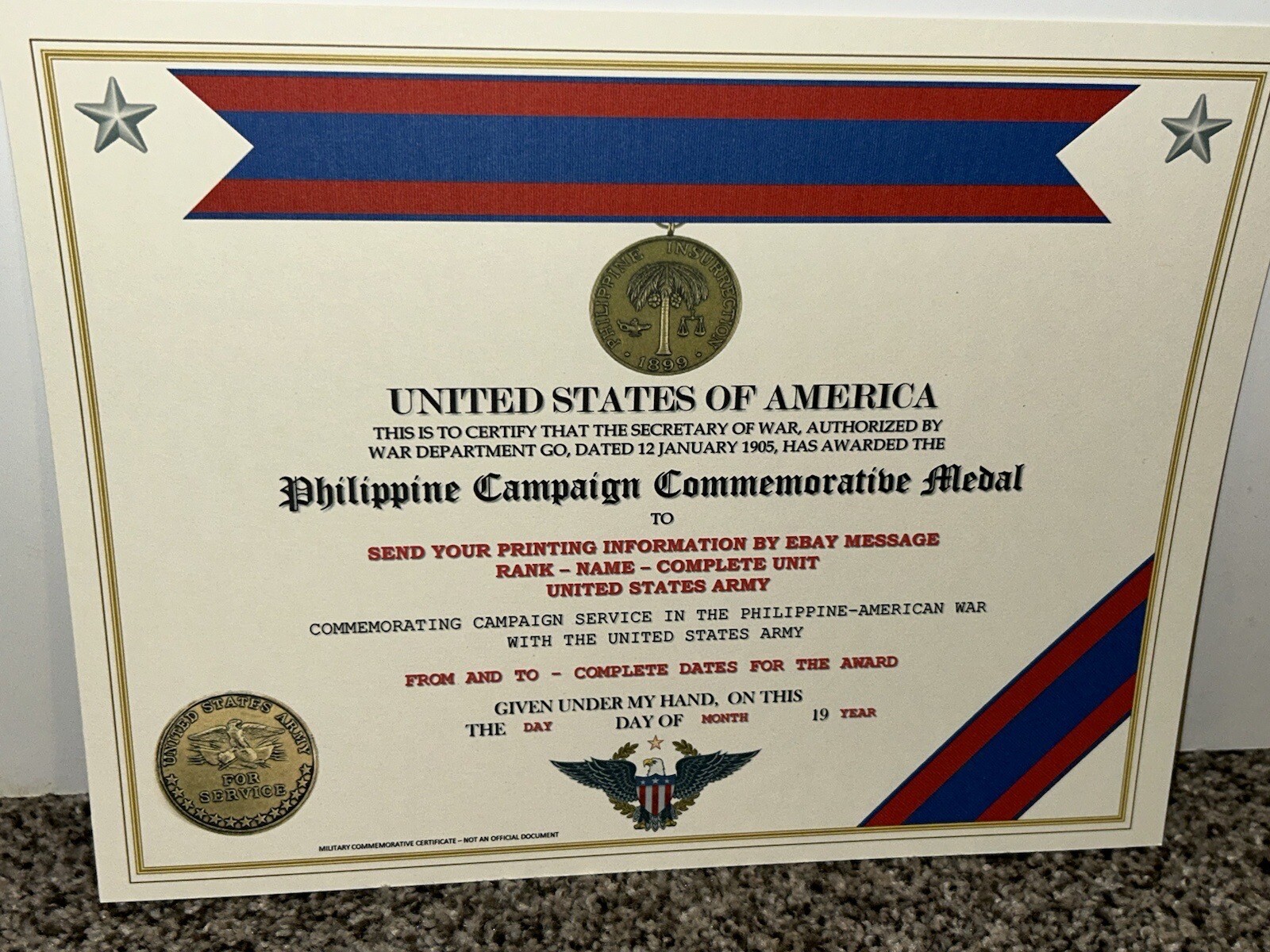 PHILIPPINE CAMPAIGN (ARMY) COMMEMORATIVE MEDAL CERTIFICATE ~ W/PRINTING TYPE-1