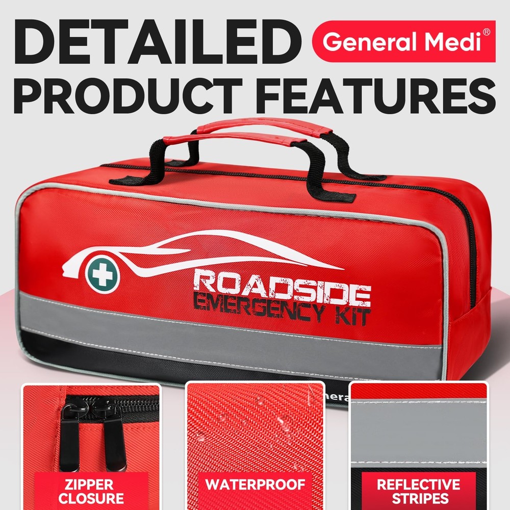 General Medi 127Pieces Roadside Car Emergency Kit Include Mini First Aid Kit,...