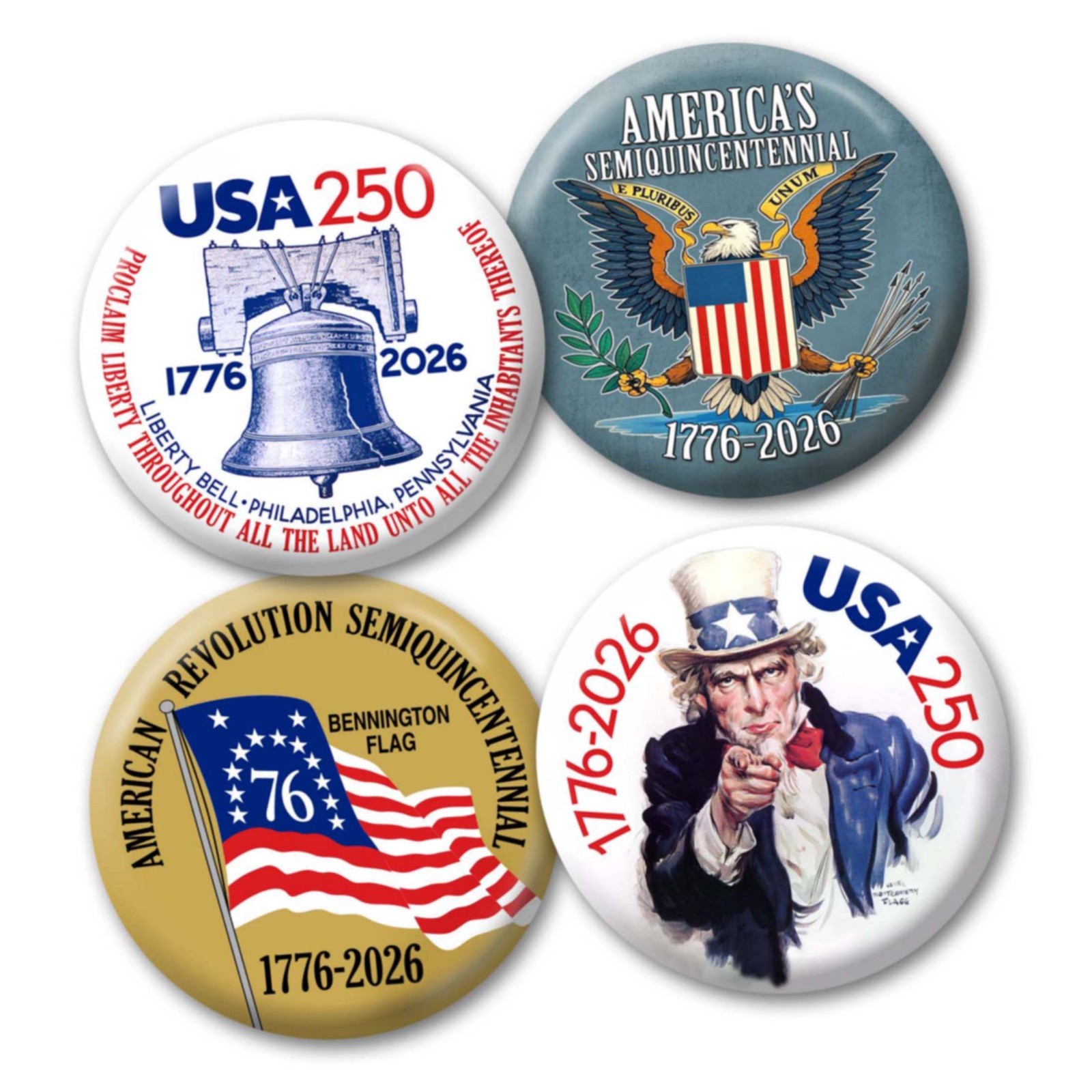 USA 250 - 25-pack Buttons - Revolution Assorted Designs 1776-2026 250th