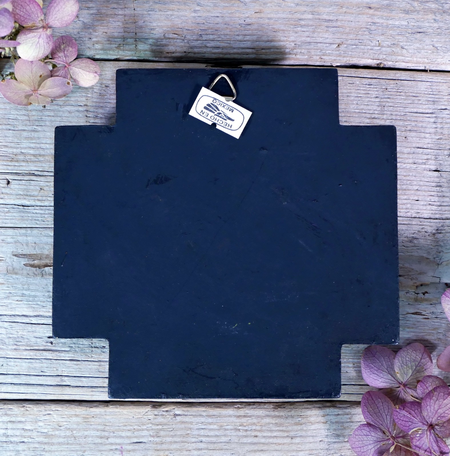 Greek Cross Wood Milagros Hand Painted Floral Boarder Handmade Mexican Folk Art