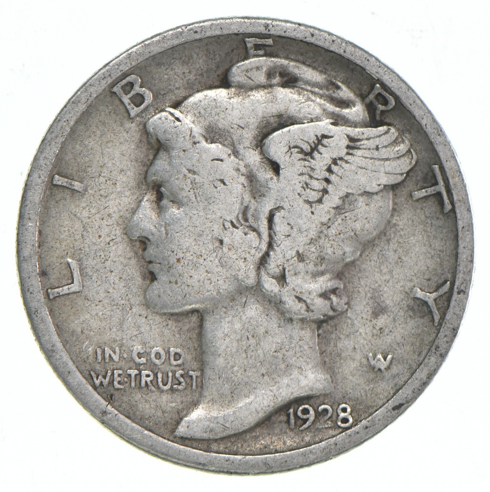 VG+ 1928 Mercury 90% Silver Dime