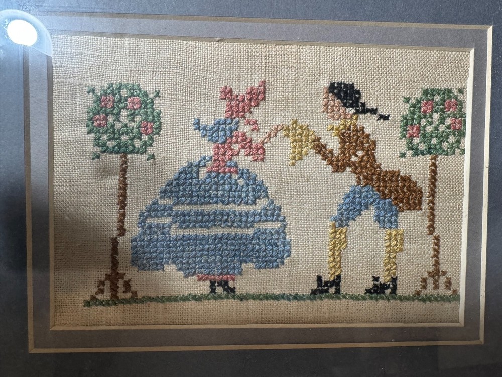 Vintage Needlepoint "A Couple Scene" - Framed