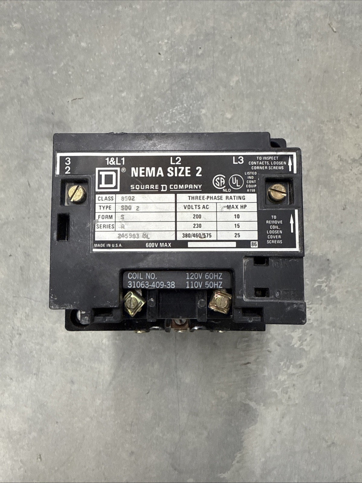 Square D 8502 SDO-2 NEMA Size 2 600V Contactor