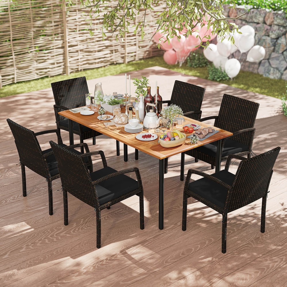 Patiojoy 7-Piece Dining Table Set w/ Dining Table & 6 Armchairs & Soft Cushions