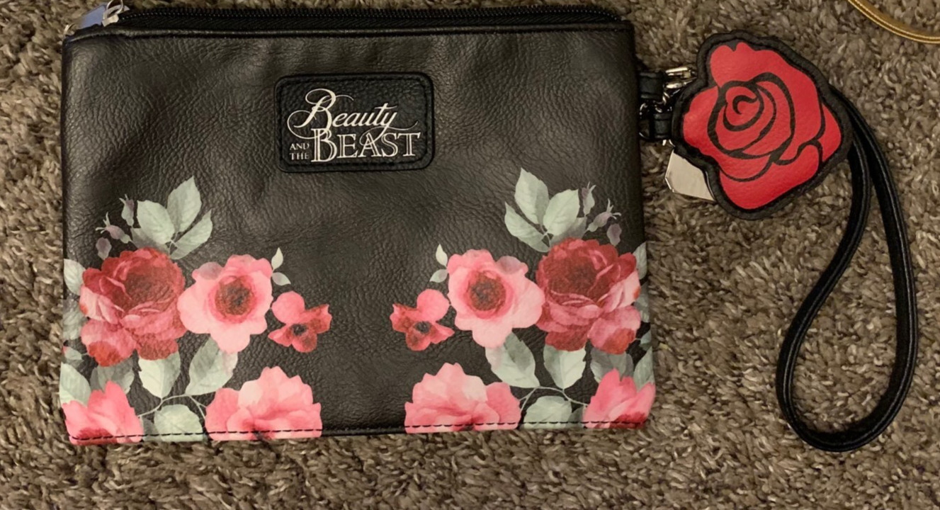 Loungefly Bag Disney Beauty and the Beast Makeup Bag with Rose & Book Charms 8"